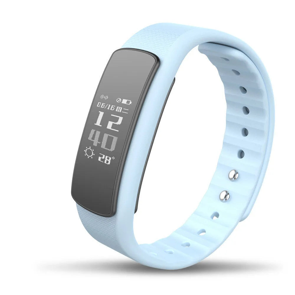 I6 smart sports bracelet in black or green on a wrist, showing its 0.96-inch screen and TPU band.
