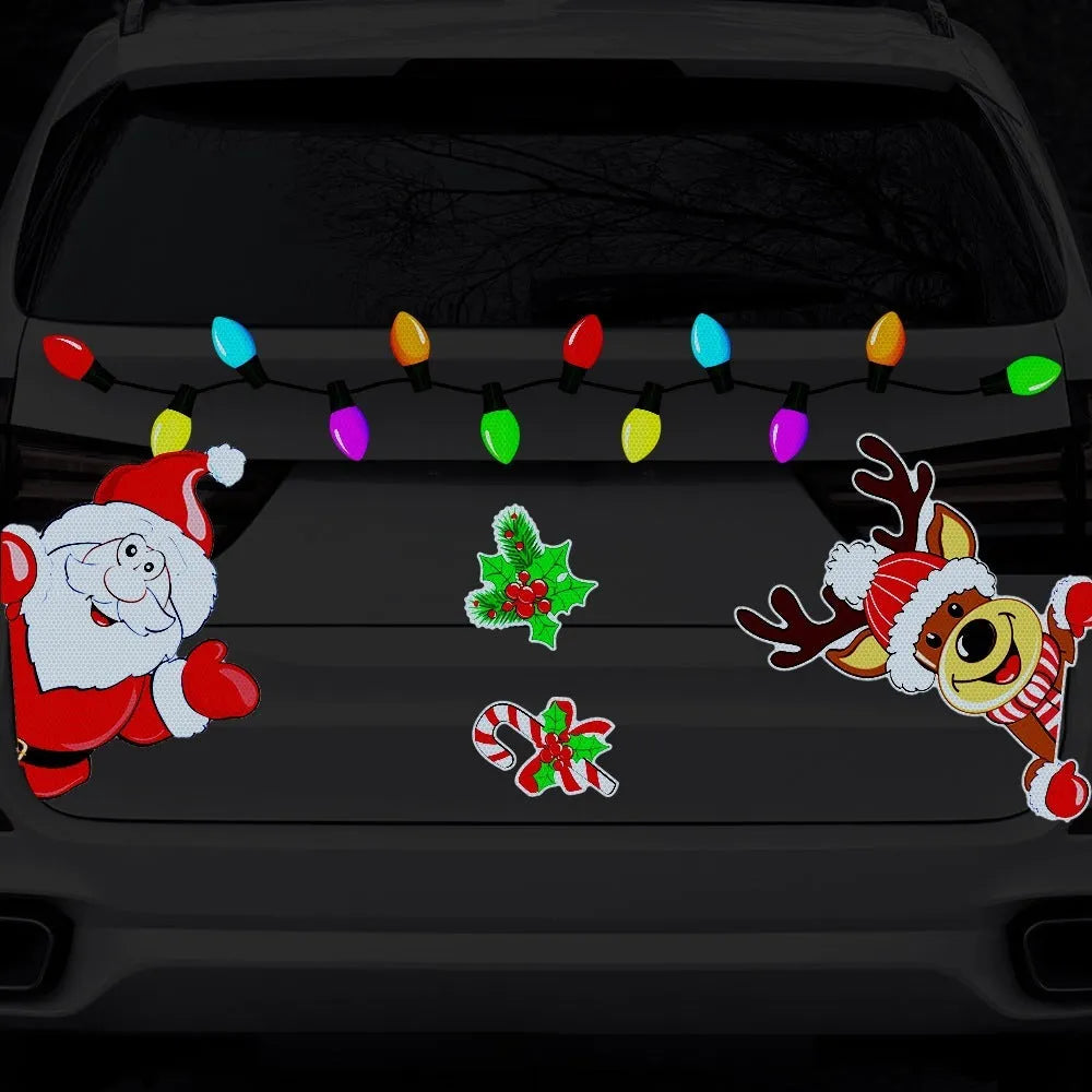 Cartoon-style Christmas elk reflective sticker with magnetic backing for car bumpers.