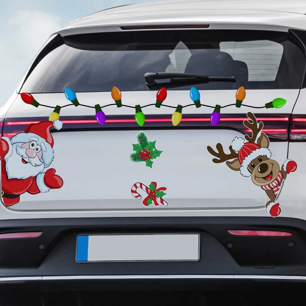 Cartoon-style Christmas elk reflective sticker with magnetic backing for car bumpers.