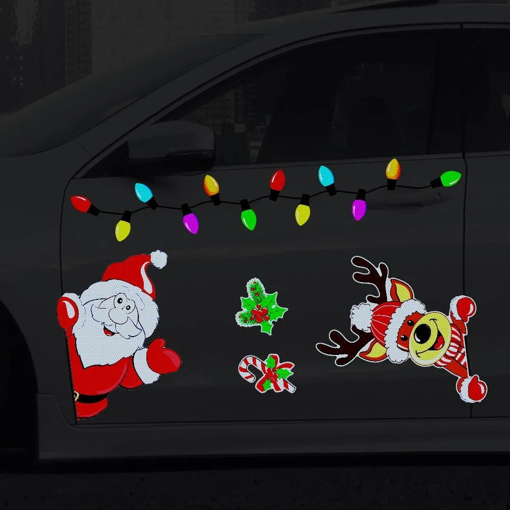 Cartoon-style Christmas elk reflective sticker with magnetic backing for car bumpers.