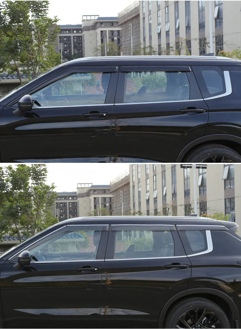 Black engineering plastic window deflectors installed on a Mitsubishi Outlander door and mirror.