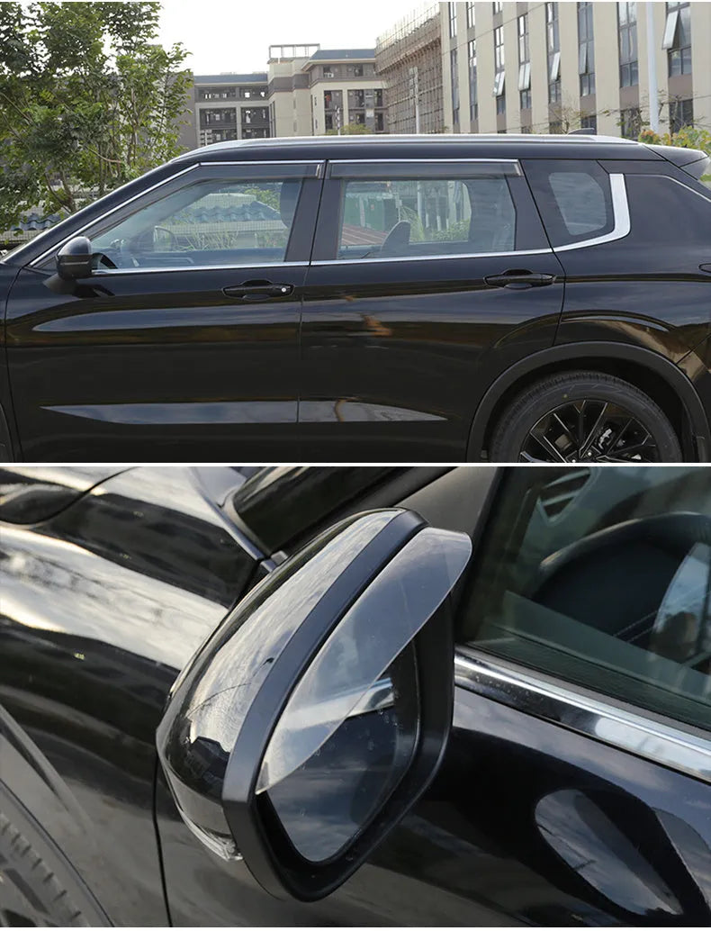 Black engineering plastic window deflectors installed on a Mitsubishi Outlander door and mirror.