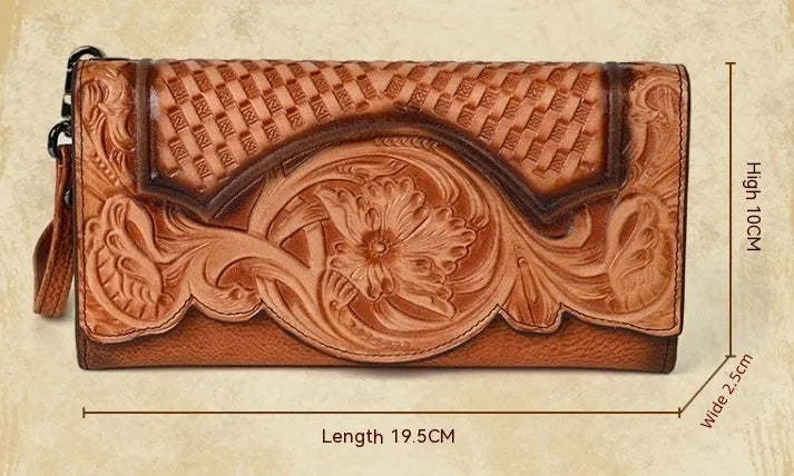 Chinese style embossed tri-fold wallet in retro brown with flower patterns
