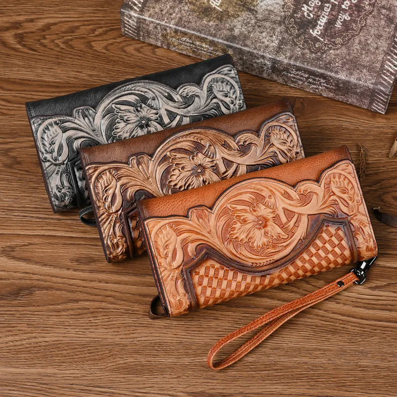 Chinese style embossed tri-fold wallet in retro brown with flower patterns