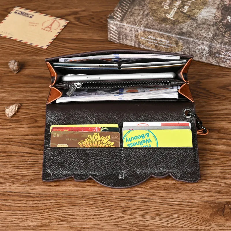 Chinese style embossed tri-fold wallet in retro brown with flower patterns