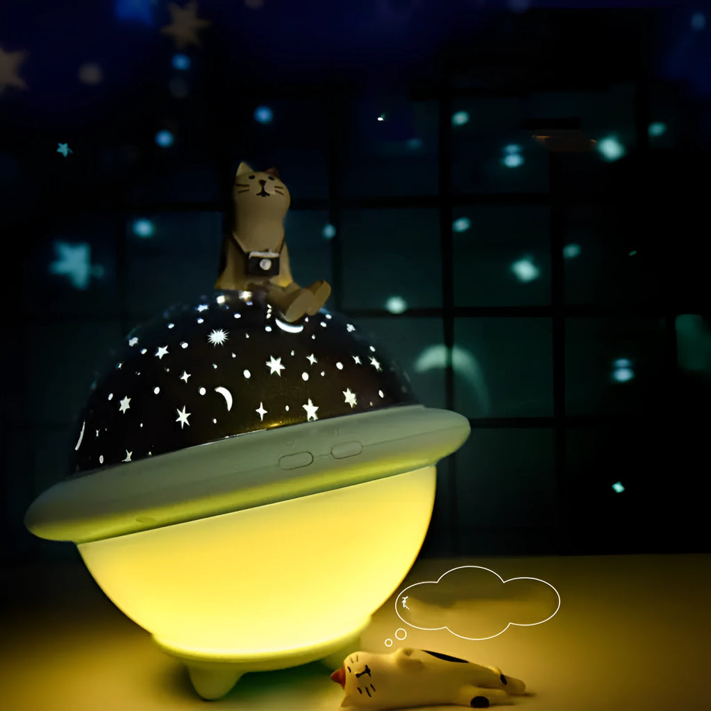 UFO-shaped starry sky projection night light in pink, white or green colour with plastic construction
