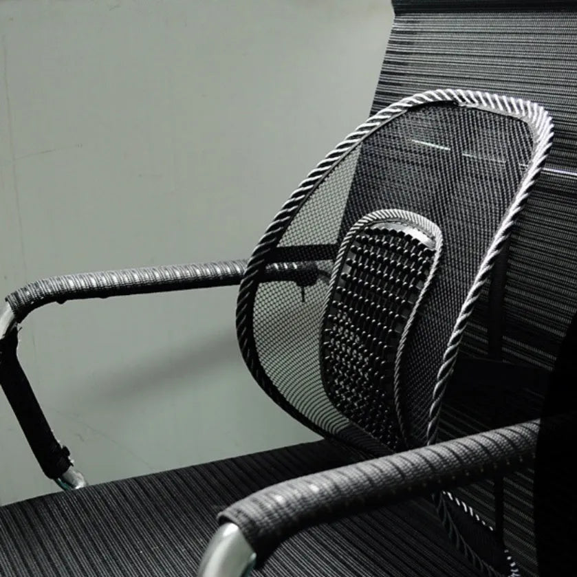 Black lumbar support pillow with steel wire frame for car and office use