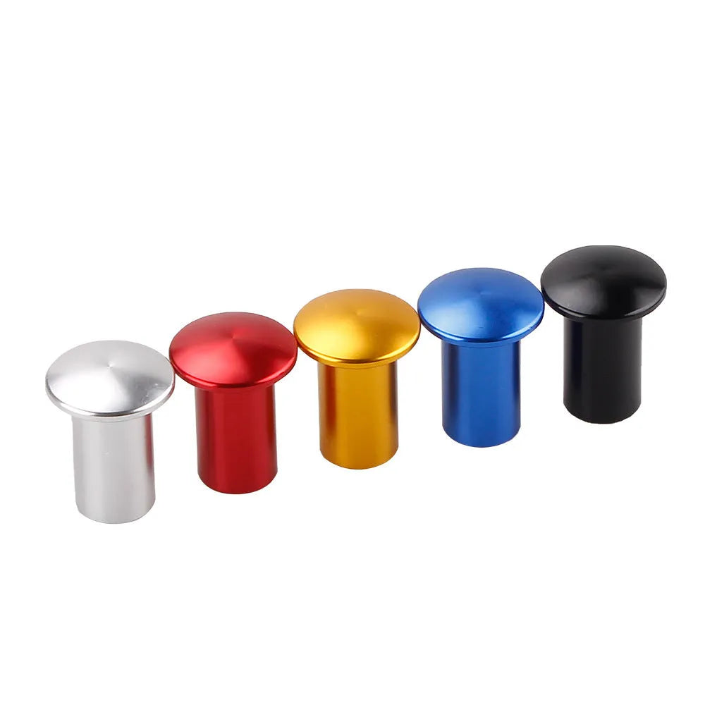 Aluminium alloy hydraulic handbrake release button cap in gold, silver, black, blue, and red colours.