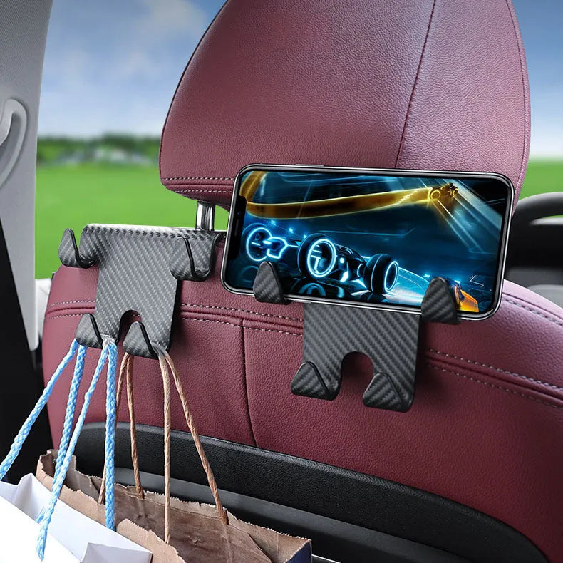 Black ABS car multifunction hook bracket with integrated mobile phone holder for rear seat storage