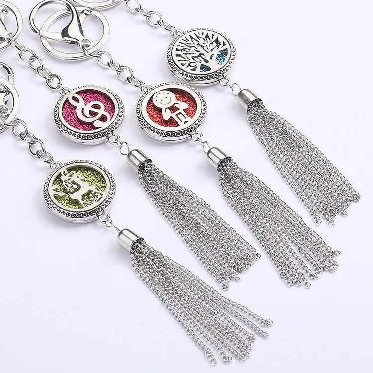 Silver alloy tassel car fragrance pendant hanging on a 50cm chain with colourful scented cotton pieces