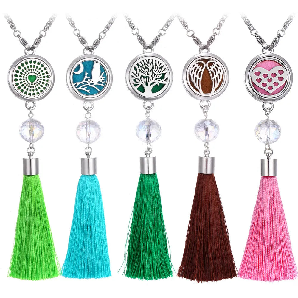 Silver alloy tassel car fragrance pendant hanging on a 50cm chain with colourful scented cotton pieces