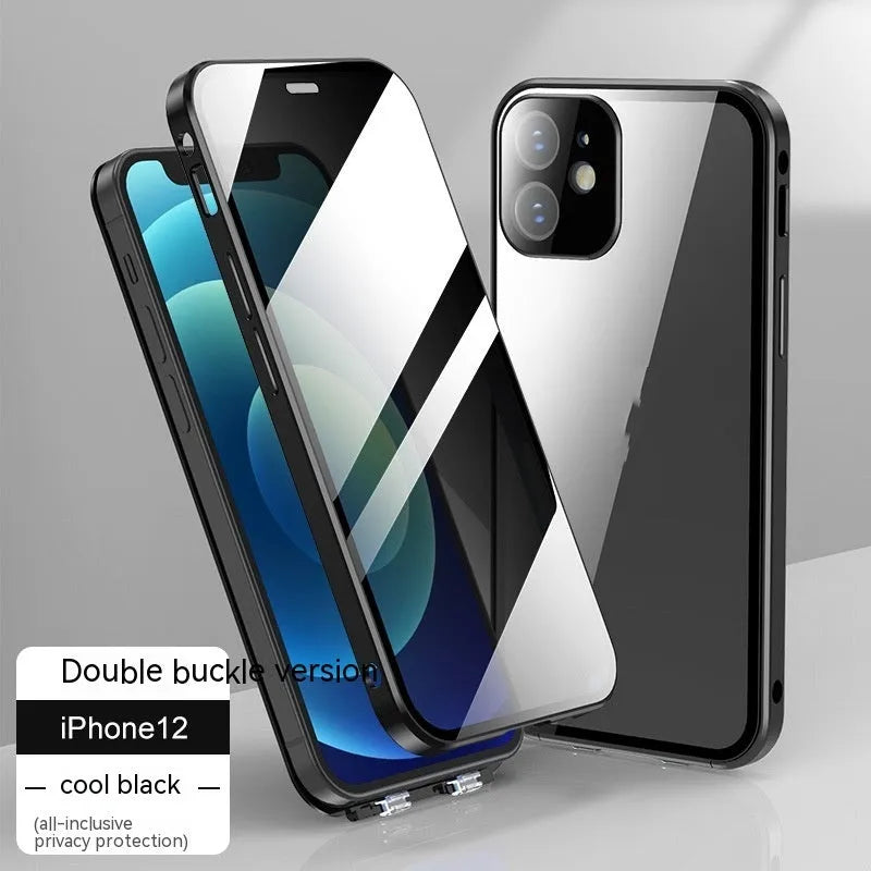 Glass iPhone case with double-sided buckle shown in multiple colours: black, blue, gold, green, and silver grey.