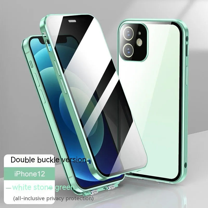 Glass iPhone case with double-sided buckle shown in multiple colours: black, blue, gold, green, and silver grey.