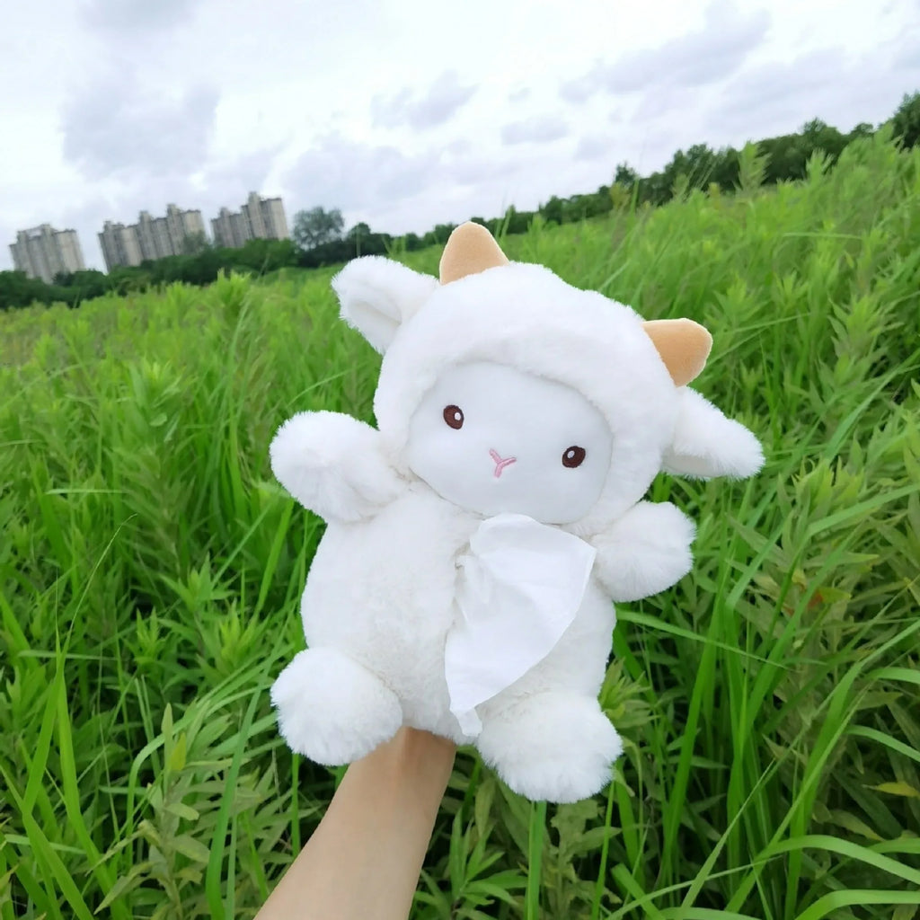 Soft plush cartoon lamb car tissue box holder for vehicle and home use.