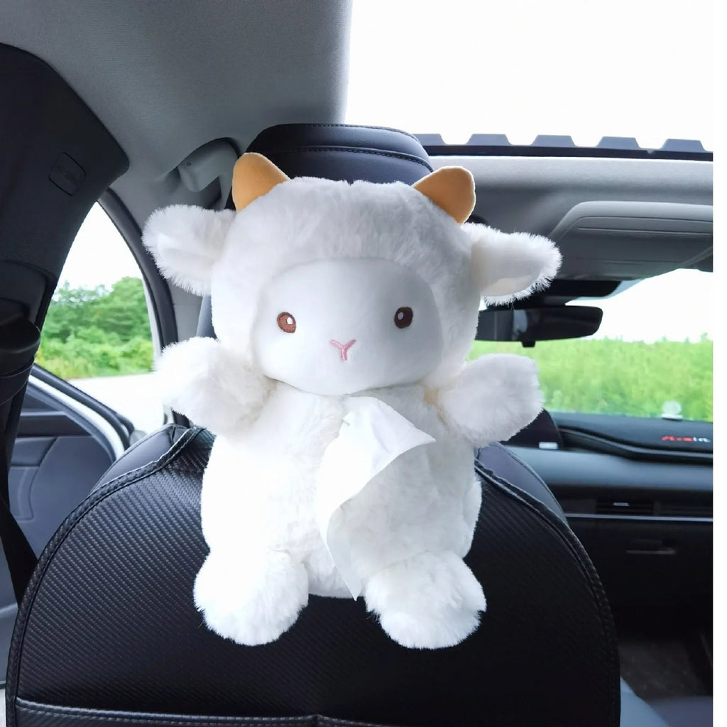 Soft plush cartoon lamb car tissue box holder for vehicle and home use.