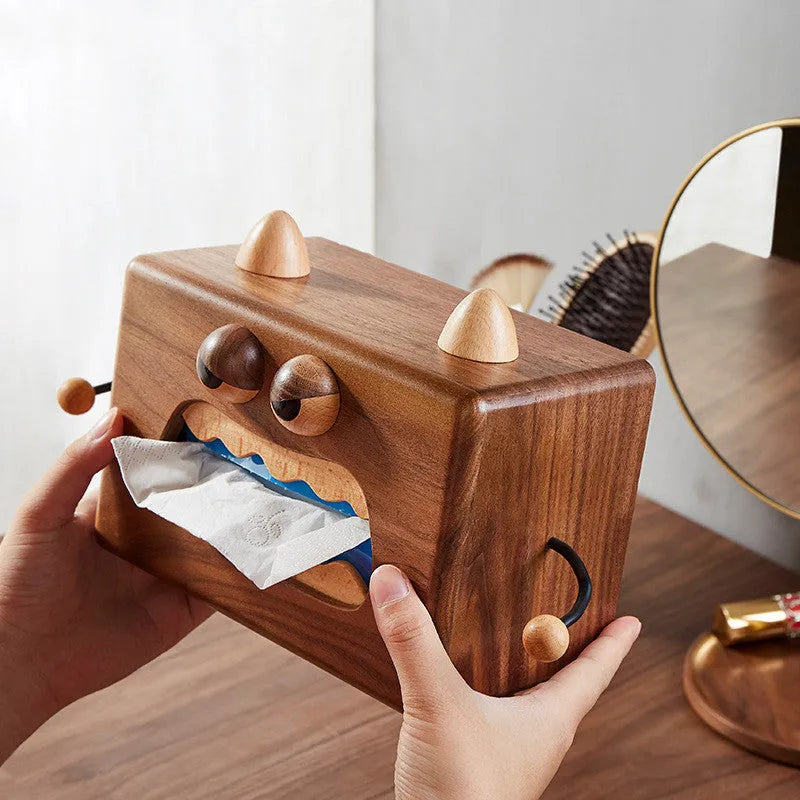 Cartoon monster design wooden tissue box made from solid beech wood