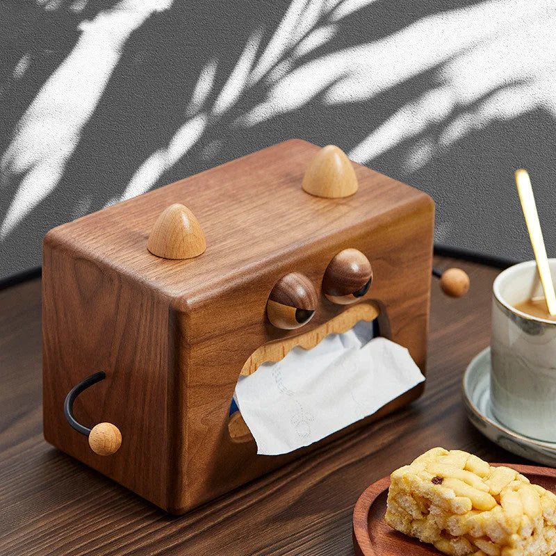 Cartoon monster design wooden tissue box made from solid beech wood