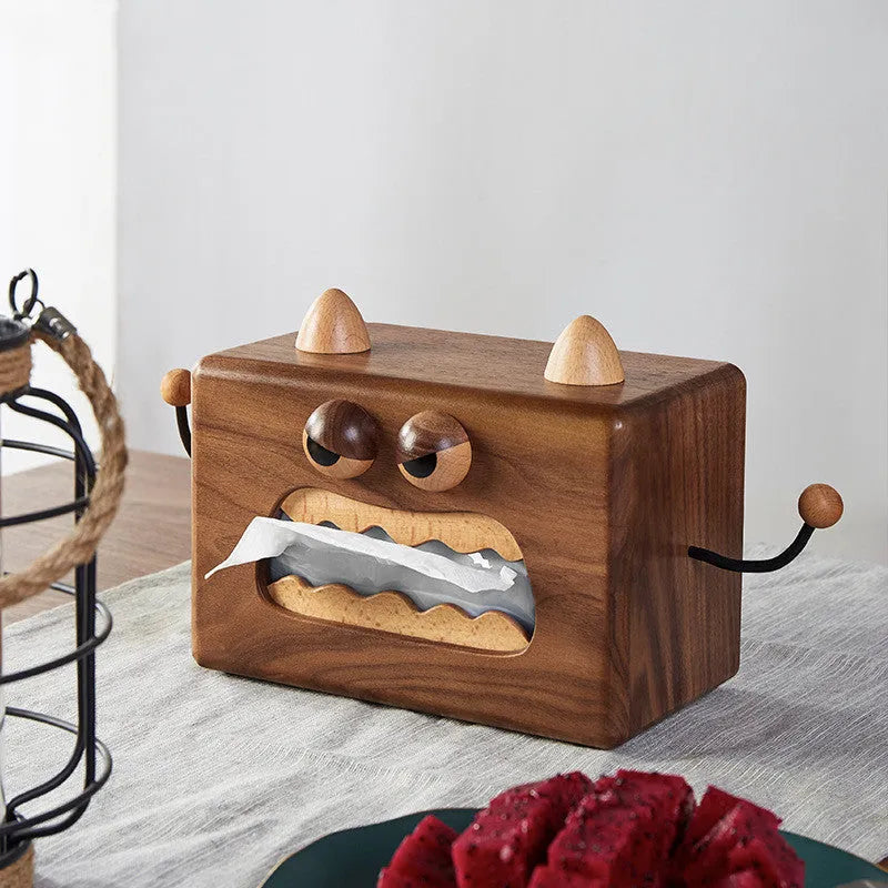 Cartoon monster design wooden tissue box made from solid beech wood