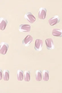 24 white fake nails with a black and grey plaid pattern, laid out as press-on nail tips.