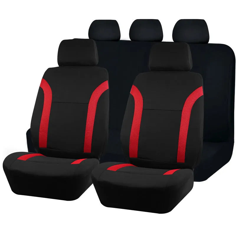 Polyester car seat cover with eyelet stitching in blue, shown on a car seat.