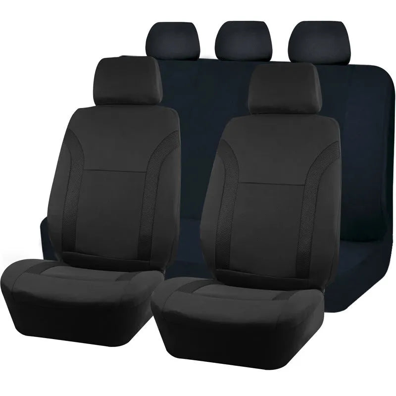 Polyester car seat cover with eyelet stitching in blue, shown on a car seat.