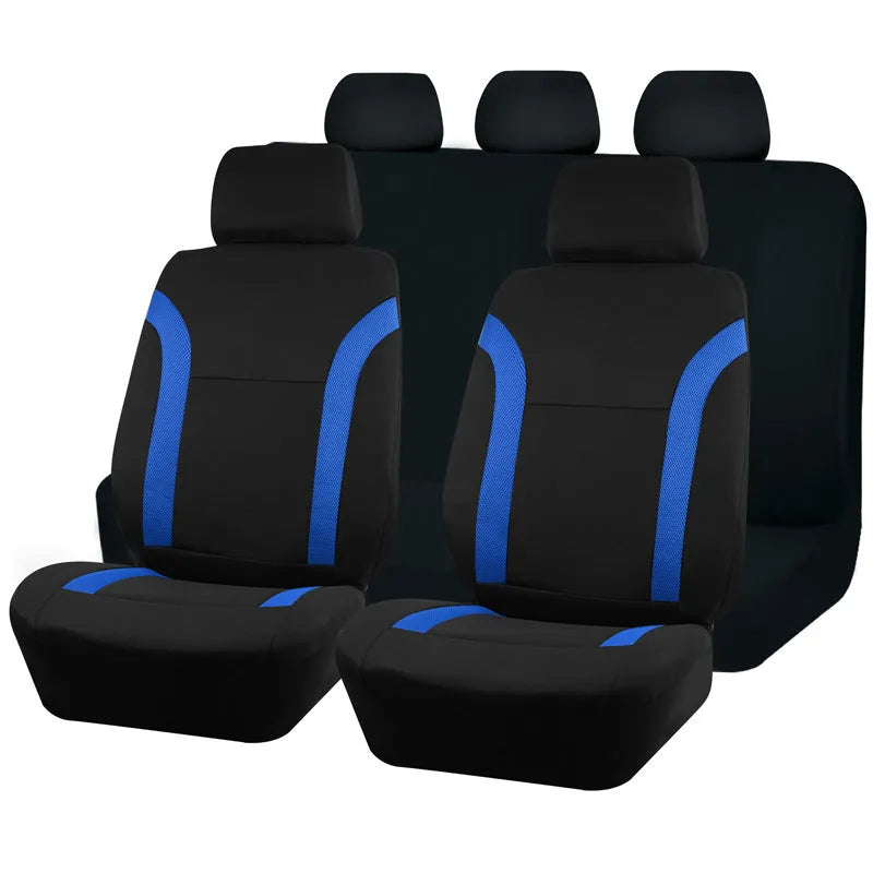 Polyester car seat cover with eyelet stitching in blue, shown on a car seat.