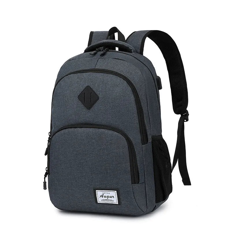 Grey lightweight nylon backpack with USB charging port and trolley case sleeve on back