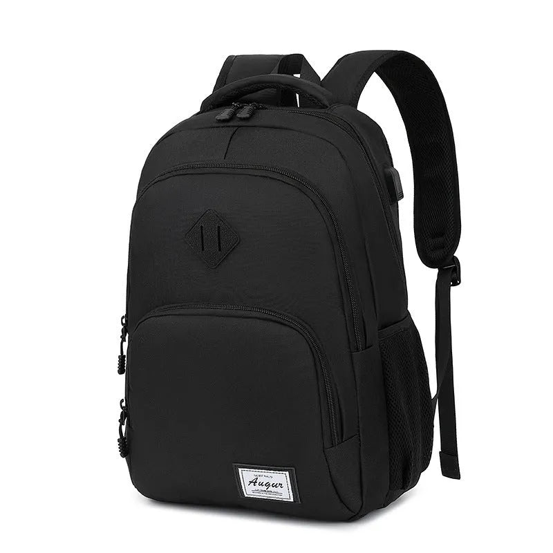 Grey lightweight nylon backpack with USB charging port and trolley case sleeve on back