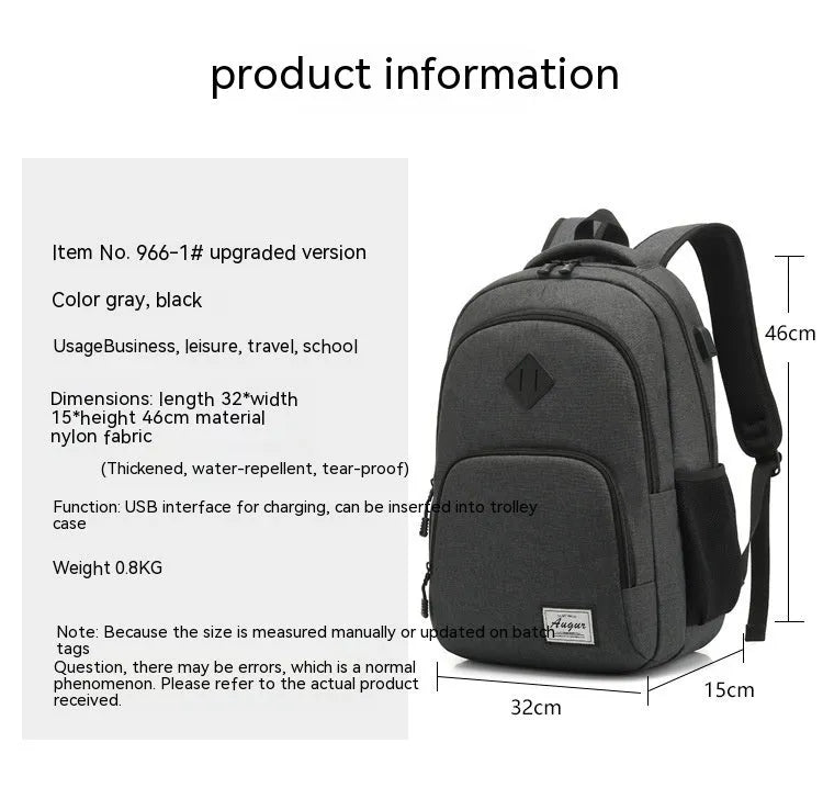 Grey lightweight nylon backpack with USB charging port and trolley case sleeve on back