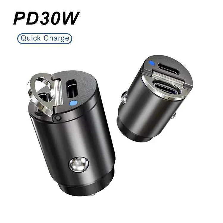 Black mini car charger with dual USB-C ports for 30W fast charging in vehicle power socket