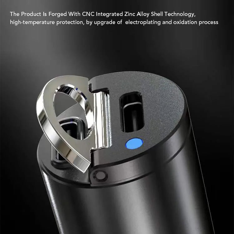 Black mini car charger with dual USB-C ports for 30W fast charging in vehicle power socket