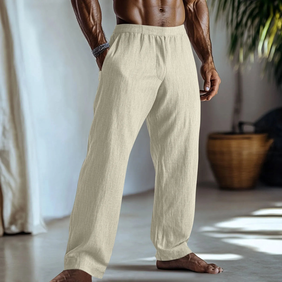 Straight-leg cotton linen casual trousers in light green colour, showing five-pocket design.