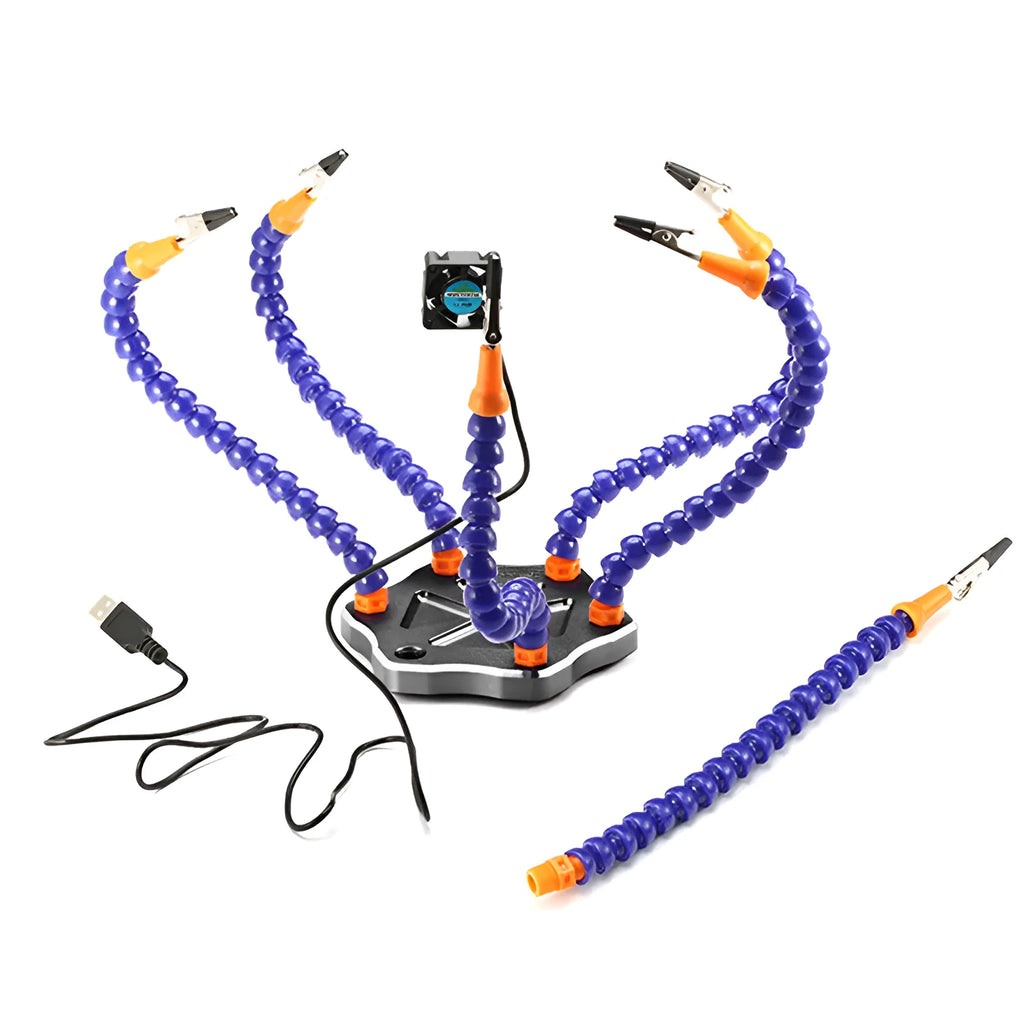 Black and purple aluminium alloy six-claw welding station with adjustable arms for model repair soldering.