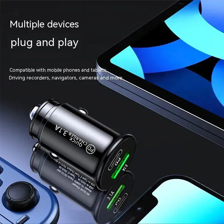 Dual USB port car charger converter with black bare metal housing for 12V/24V vehicle sockets