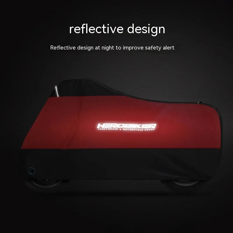 Motorcycle rain cover in black colour showing anti-theft features and weather-resistant polyester construction
