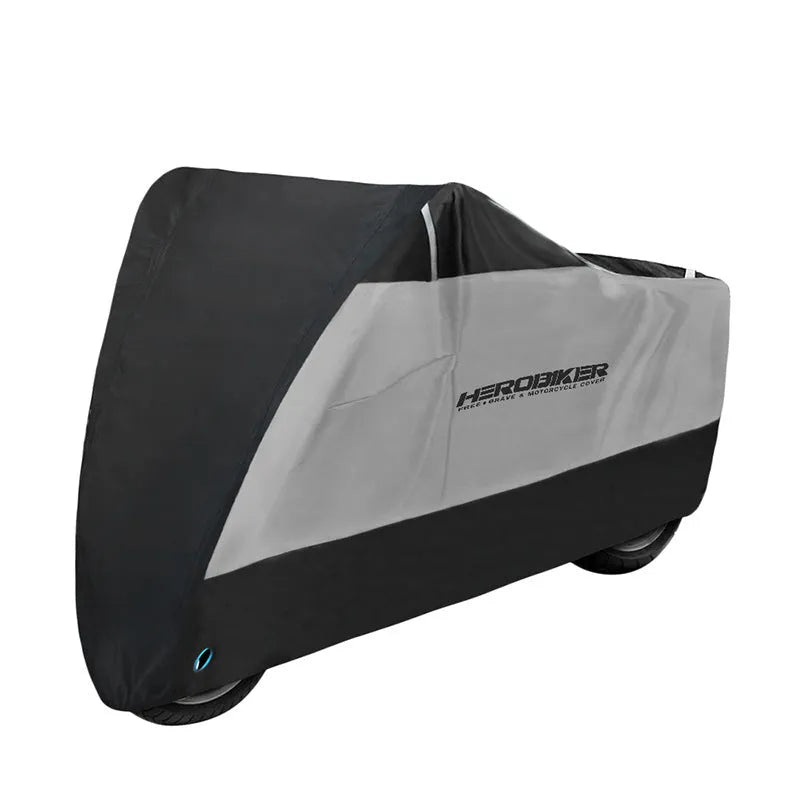 Motorcycle rain cover in black colour showing anti-theft features and weather-resistant polyester construction