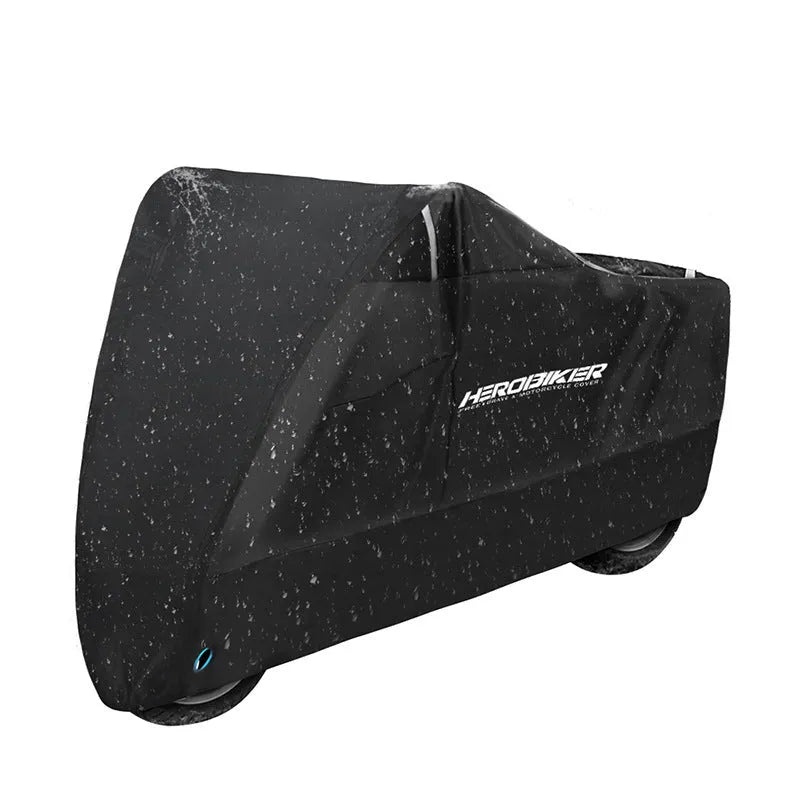 Motorcycle rain cover in black colour showing anti-theft features and weather-resistant polyester construction