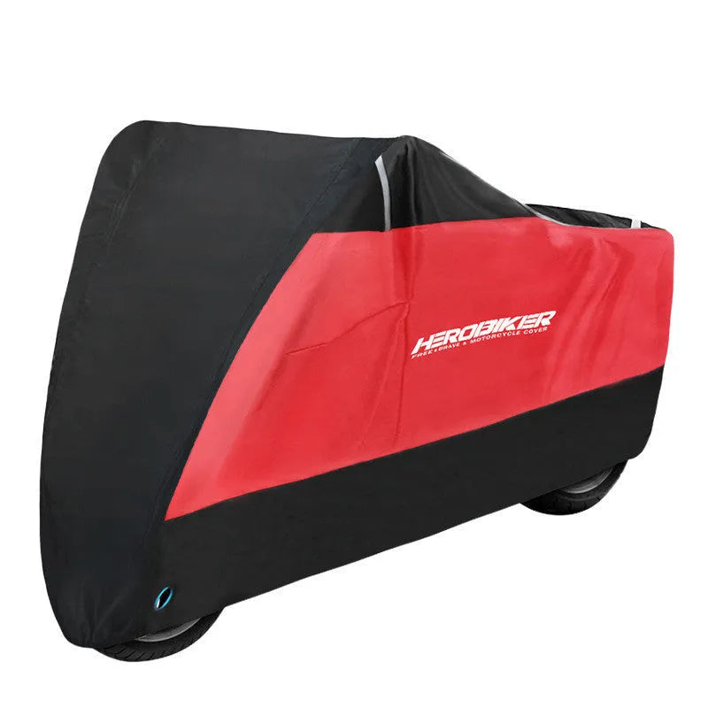 Motorcycle rain cover in black colour showing anti-theft features and weather-resistant polyester construction