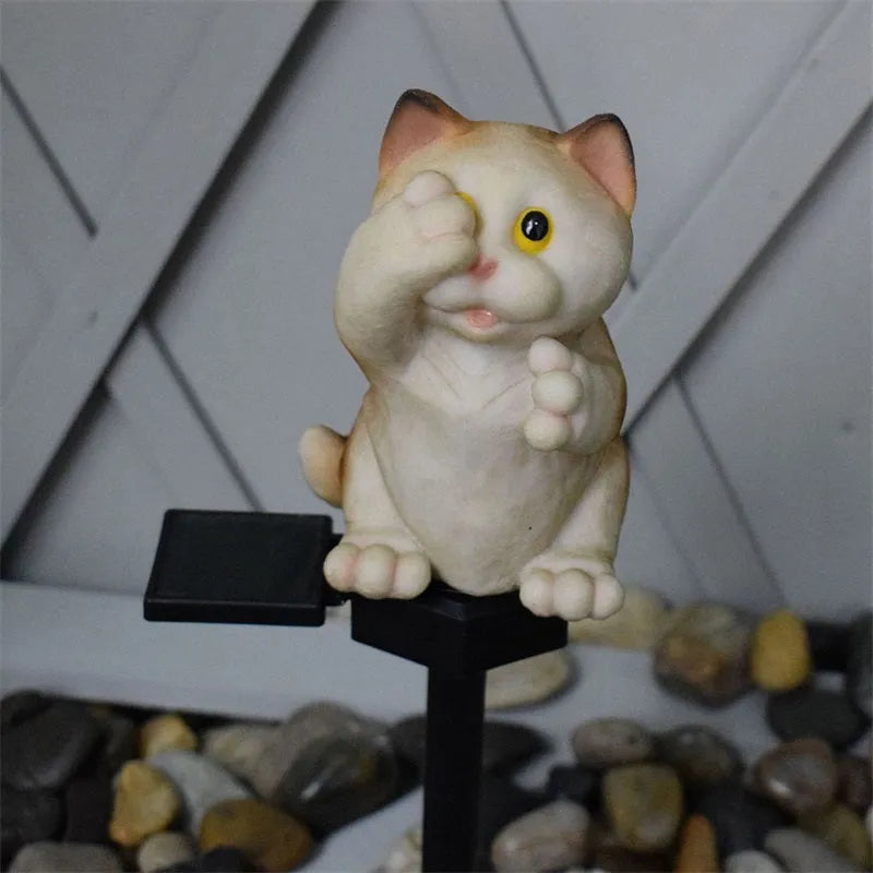 Brown resin cat-shaped solar lawn light with ground spike for garden lighting