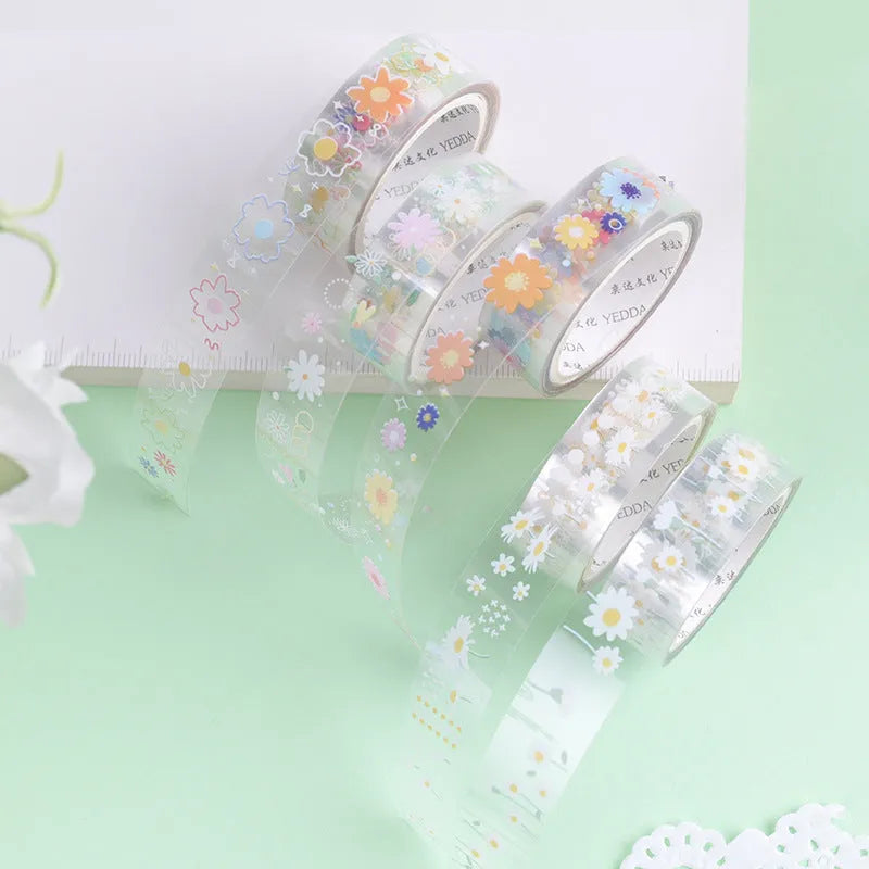 Five rolls of transparent adhesive tape with Midsummer Daisy cartoon decoration on clear PET film