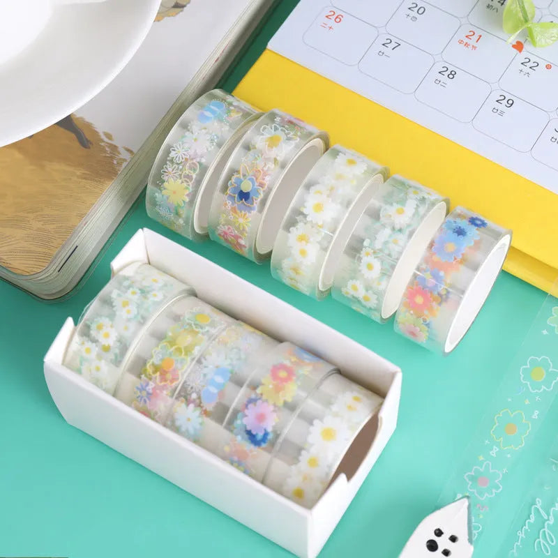 Five rolls of transparent adhesive tape with Midsummer Daisy cartoon decoration on clear PET film