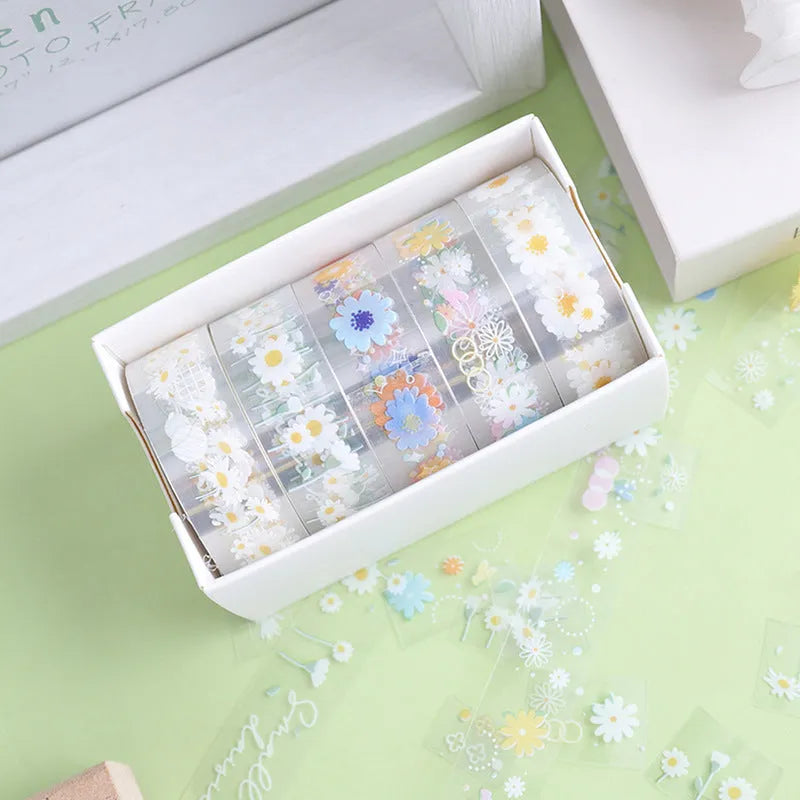 Five rolls of transparent adhesive tape with Midsummer Daisy cartoon decoration on clear PET film