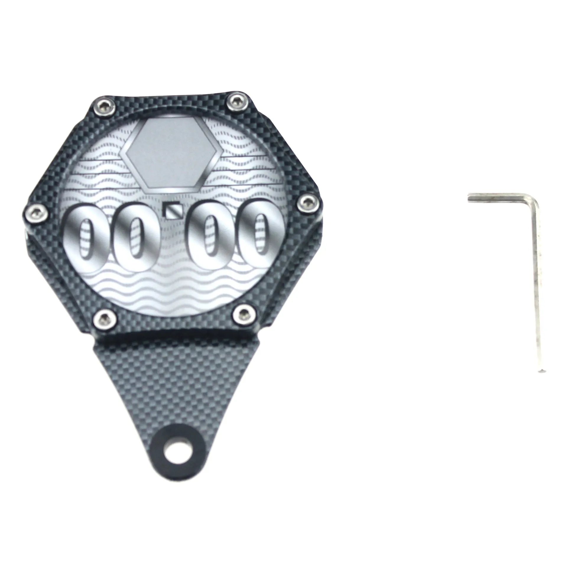 Black carbon fibre pattern motorcycle tax disc holder with anti-theft six-corner screw