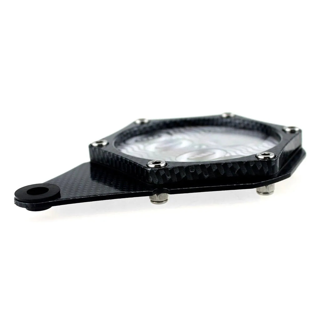 Black carbon fibre pattern motorcycle tax disc holder with anti-theft six-corner screw