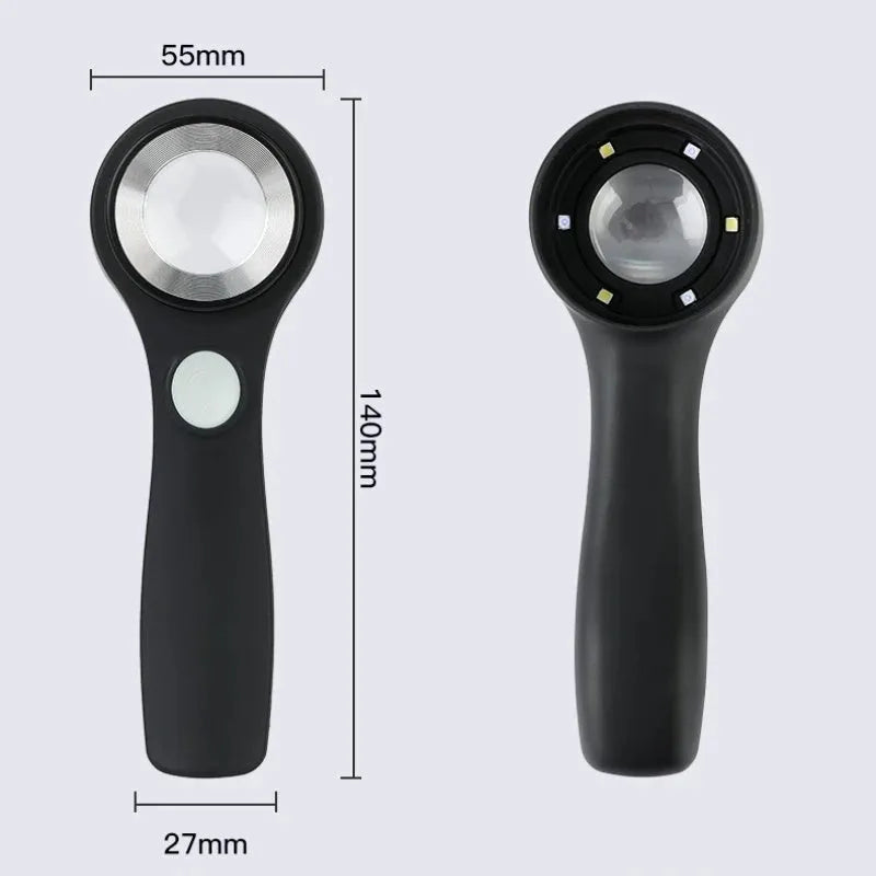 Black and silver magnifying glasses with optical glass lenses and LED illumination