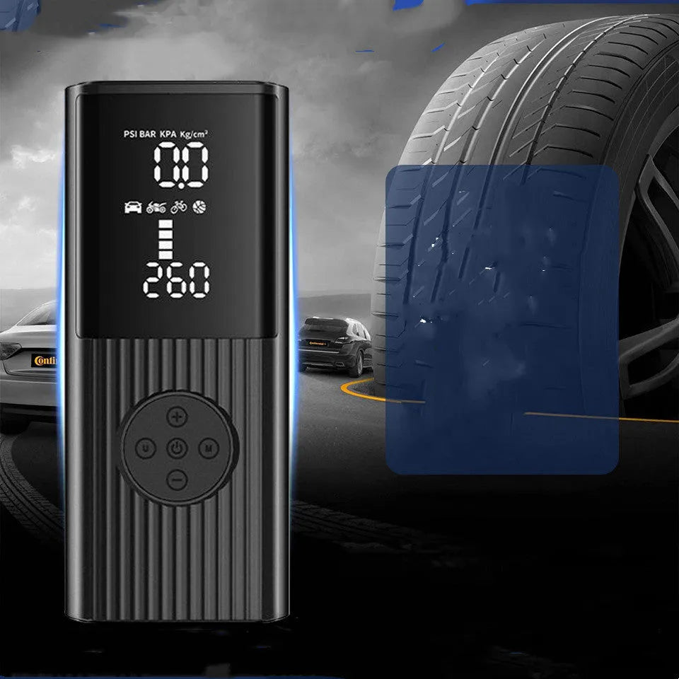 Portable wireless car tyre inflator with LED light display and USB port on compact black housing
