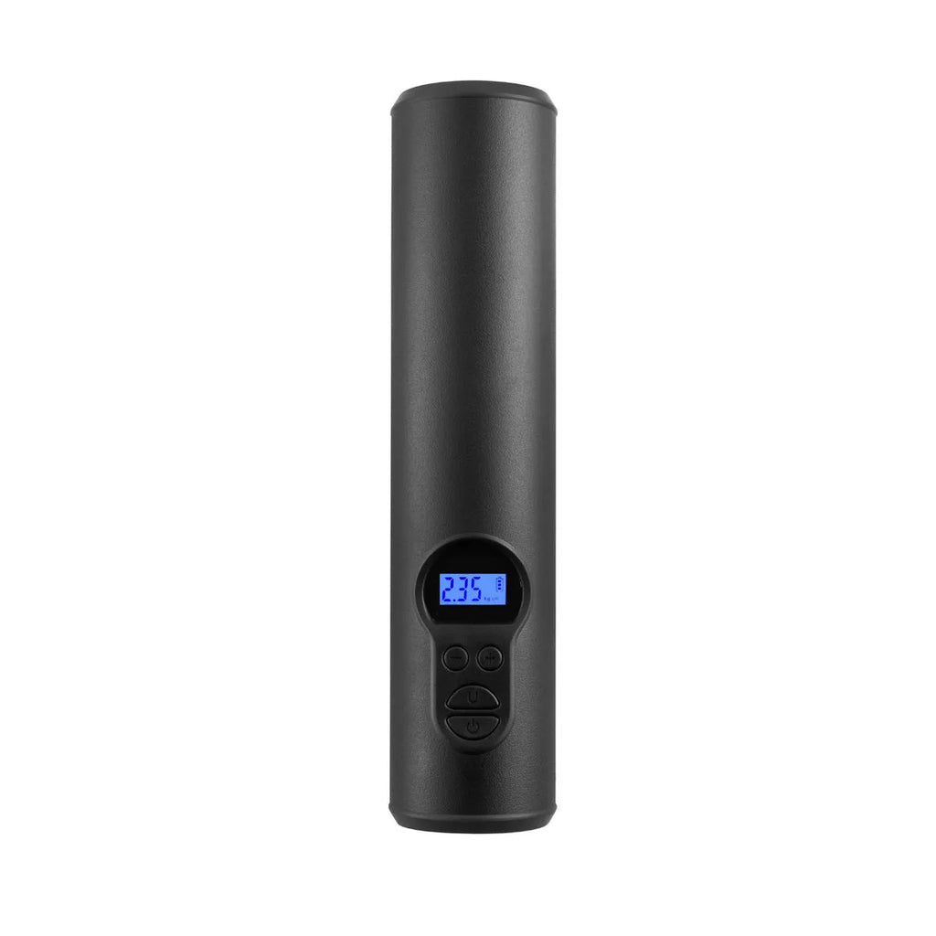 Portable wireless car tyre inflator with LED light display and USB port on compact black housing