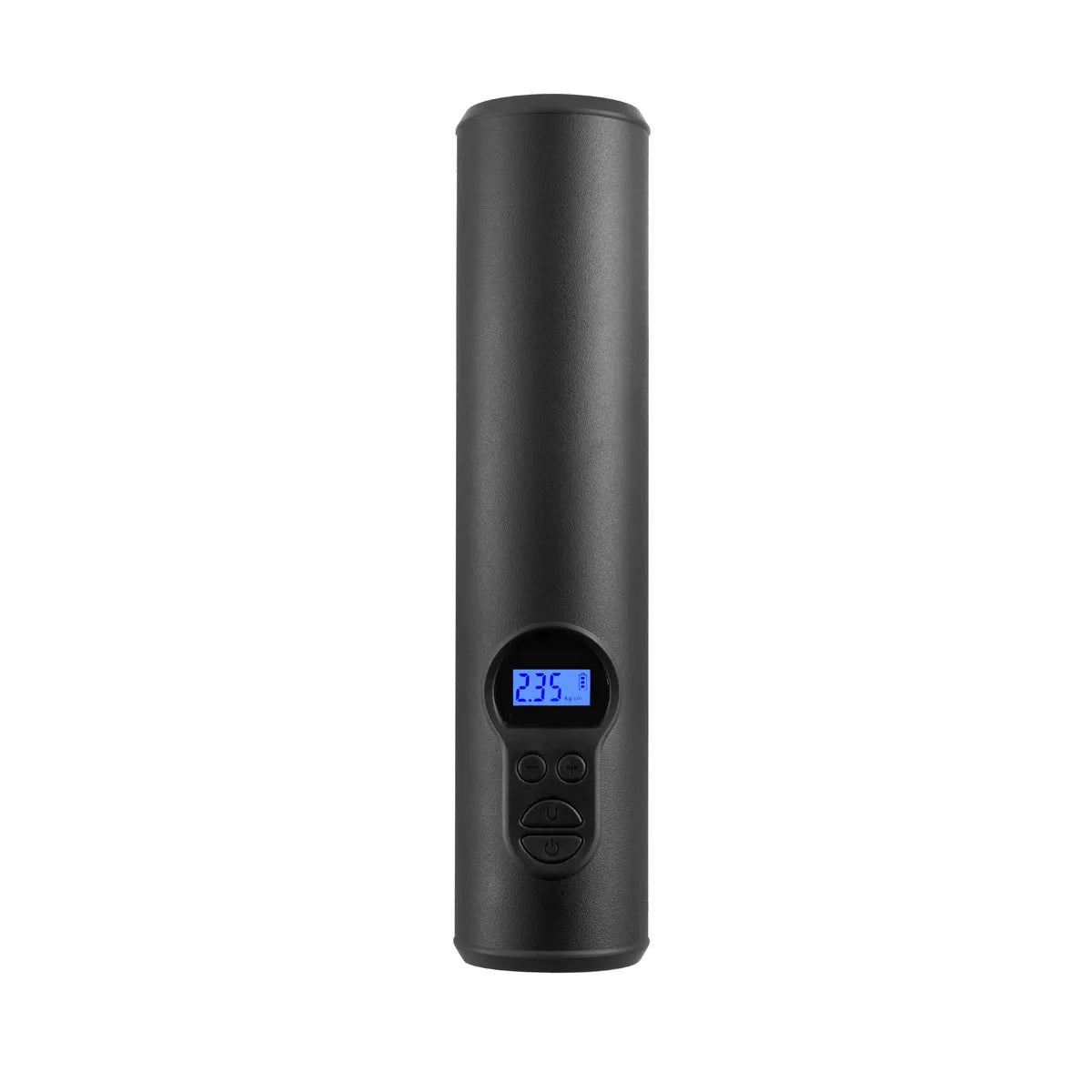 Portable wireless car tyre inflator with LED light display and USB port on compact black housing