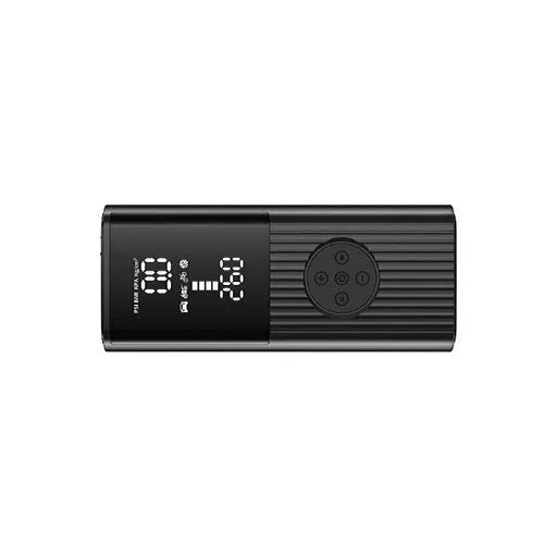 Portable wireless car tyre inflator with LED light display and USB port on compact black housing
