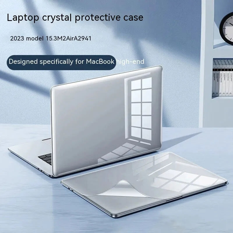 MacBook protective case in crystal transparent and frosted black shell options on a laptop.